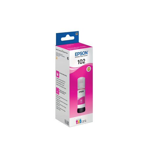 This Epson 102 EcoTank Ink Bottle ensures high quality print output from your Epson EcoTank inkjet printer. As a genuine Epson consumable, it ensures consistent and reliable operation for trouble-free printing when you need it most, and is packed with 70ml of magenta ink. Epson ensures that every cartridge meets its high standards and works with your machine to provide precise, clear printing.