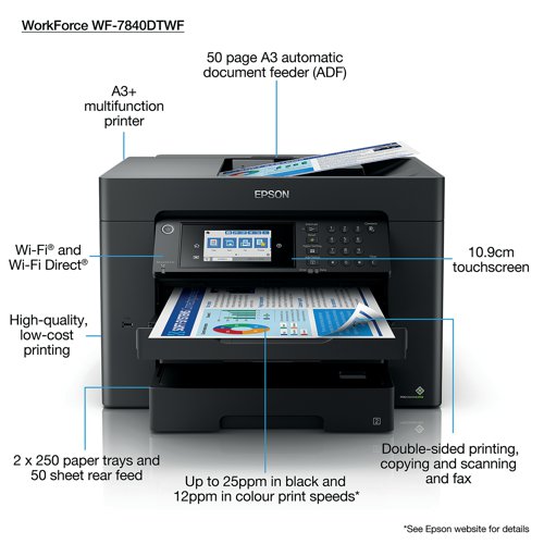 EP66838 | Think big with this high-quality multifunction with double-sided printing, copying and scanning all up to A3. You'll stride through tasks with print speeds of up to 25ppm in black and a 50 page A3 automatic document feeder. And that's not forgetting its cost-effective inks and flexible wireless connectivity solutions such as and Scan-to-cloud.