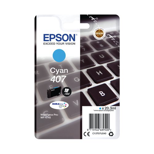 Epson 407 Ink Cartridge DURABrite Ultra WF-4745 Series Keyboard Cyan C13T07U240