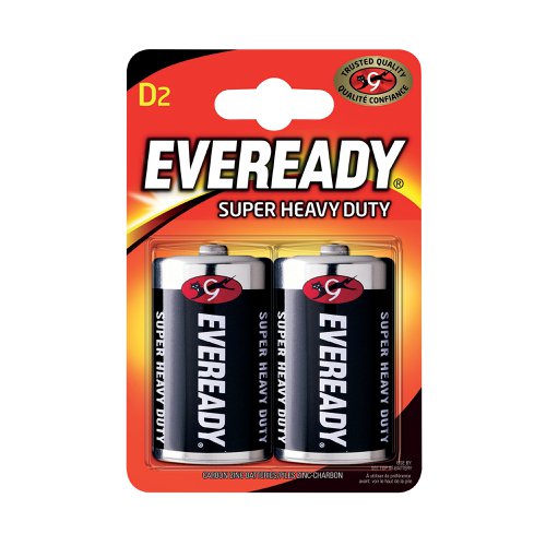 Eveready batteries allow you to power all of your devices with ease, ensuring that they can last for longer without any poor performance. Made from carbon zinc, these batteries are cadmium and mercury free, ensuring that they are non-toxic and ecologically friendly. This pack of 2 Size D batteries allows you to power a range of different devices, including torches, toys, radios and clocks. These reliable batteries are good for up to 3 years after the printed date.