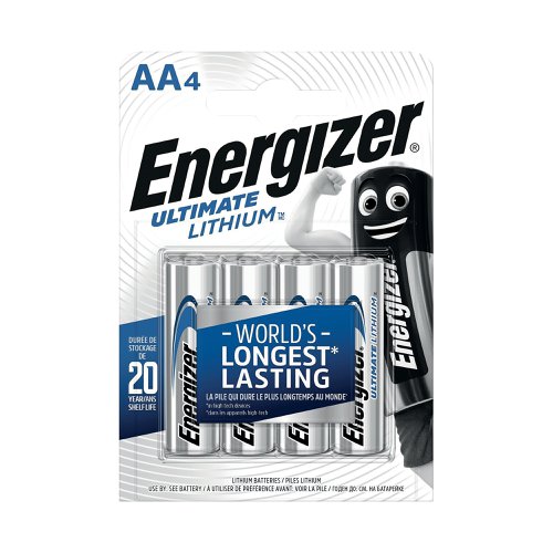 Fed up with short-lived alkaline batteries letting you down? Packed with extra power, Energizer Ultimate Lithium Batteries provide long-lasting energy for all your power-hungry electronic devices. Reliable lithium-based technology ensures these AA batteries will last up to five times longer than comparable alkaline batteries. This pack of four batteries is perfect for digital cameras, electronic games, portable media players and more.