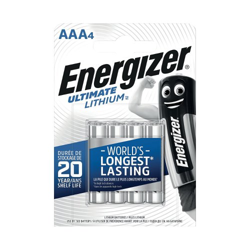 Fed up with short-lived alkaline batteries letting you down? Packed with extra power, Energizer Ultimate Lithium Batteries provide long-lasting energy for all your power-hungry electronic devices. Reliable lithium-based technology ensures these AAA batteries will last up to five times longer than comparable alkaline batteries. This pack of four batteries is perfect for digital cameras, electronic games, portable media players and more.