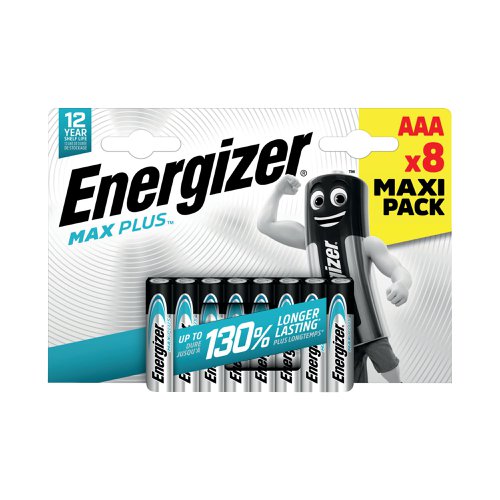 High performance energy for your high tech devices. Energizer Max Plus is the longest lasting alkaine AAA battery that provide powerful performance for your devices. The batteries hold energy for up to 12 years, so they are always ready to go. Designed to protect your devices against damaging leaks. Dependable energy for your everyday devices.