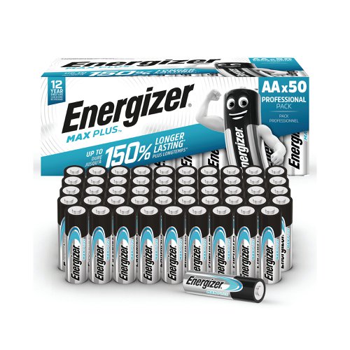 Offering superior performance, these Energizer Max Plus AA batteries are Energizer's longest lasting alkaline battery. Ideal for use in wireless handheld video game controller or instrument, toys with motorised moving party, remote control for TV/audio/ entertainment and wireless computer mouse. These batteries feature a 12 year shelf life ensuring they can withstand long durations of storage. This pack contains 50 AA batteries.