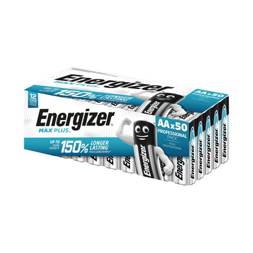 Offering superior performance, these Energizer Max Plus AA batteries are Energizer's longest lasting alkaline battery. Ideal for use in wireless handheld video game controller or instrument, toys with motorised moving party, remote control for TV/audio/ entertainment and wireless computer mouse. These batteries feature a 12 year shelf life ensuring they can withstand long durations of storage. This pack contains 50 AA batteries.