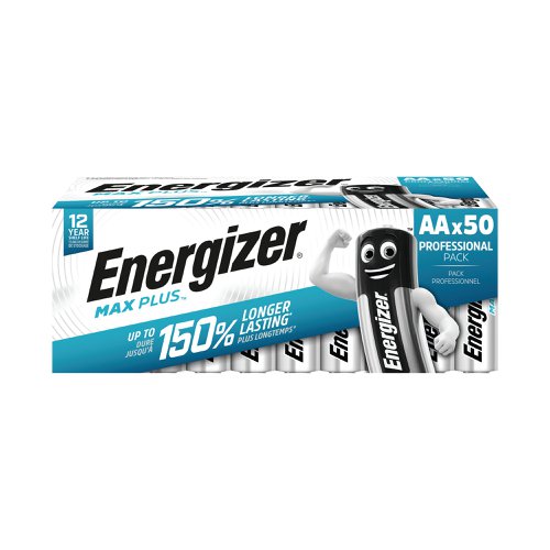 Offering superior performance, these Energizer Max Plus AA batteries are Energizer's longest lasting alkaline battery. Ideal for use in wireless handheld video game controller or instrument, toys with motorised moving party, remote control for TV/audio/ entertainment and wireless computer mouse. These batteries feature a 12 year shelf life ensuring they can withstand long durations of storage. This pack contains 50 AA batteries.