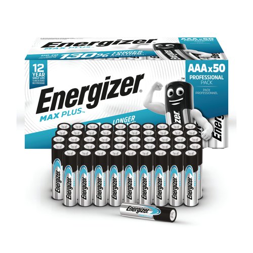 Offering superior performance, these Energizer Max Plus AAA batteries are Energizer's longest lasting alkaline battery. Ideal for use in wireless handheld video game controller or instrument, toys with motorised moving party, remote control for TV/audio/ entertainment and wireless computer mouse. These batteries feature a 12 year shelf life ensuring they can withstand long durations of storage. This pack contains 50 AAA batteries.