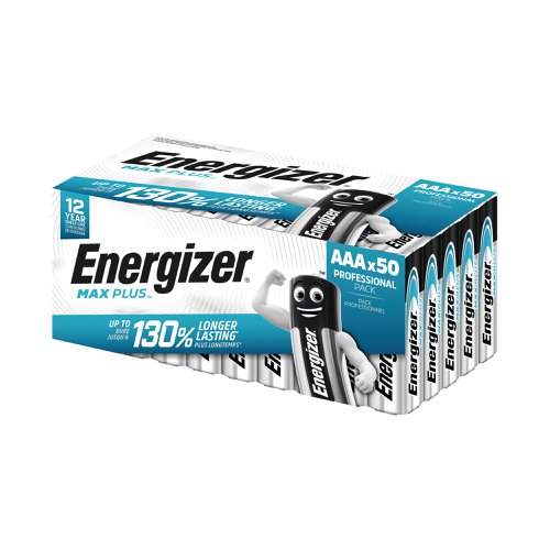 Offering superior performance, these Energizer Max Plus AAA batteries are Energizer's longest lasting alkaline battery. Ideal for use in wireless handheld video game controller or instrument, toys with motorised moving party, remote control for TV/audio/ entertainment and wireless computer mouse. These batteries feature a 12 year shelf life ensuring they can withstand long durations of storage. This pack contains 50 AAA batteries.