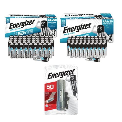 Energizer Batteries Max Plus AA Pk50 + Max Plus AAA Pk50 + FOC Energizer Metal Torch