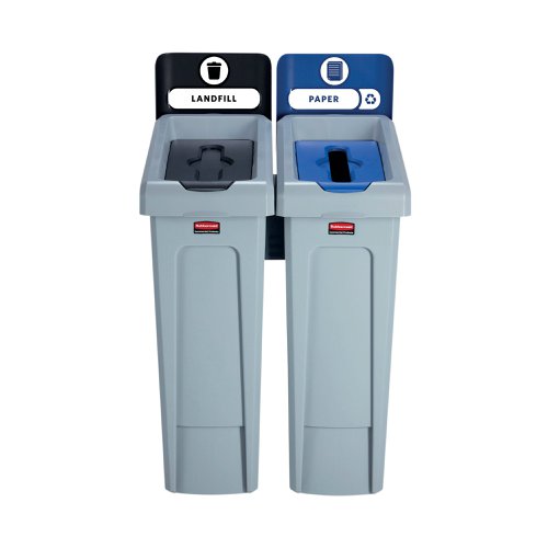 This Rubbermaid Slim Jim Recycling Station includes two streams for an adaptable recycling solution. It includes two bases, lids and slot lid inserts for landfill and paper channels. The components easily snap into place and include venting channels for easy bin liner removal.