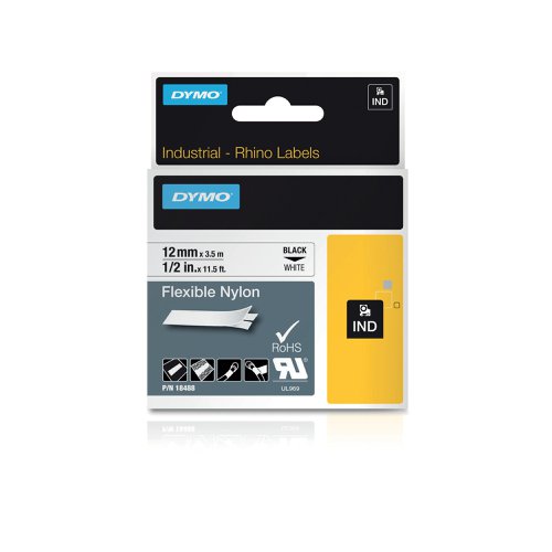 Dymo 18488 Rhino Nylon Tape 12mm x 3.5m Black on White S0718100