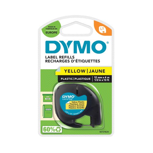 Dymo 91202 LetraTag Plastic Tape 12mm x 4m Yellow S0721620