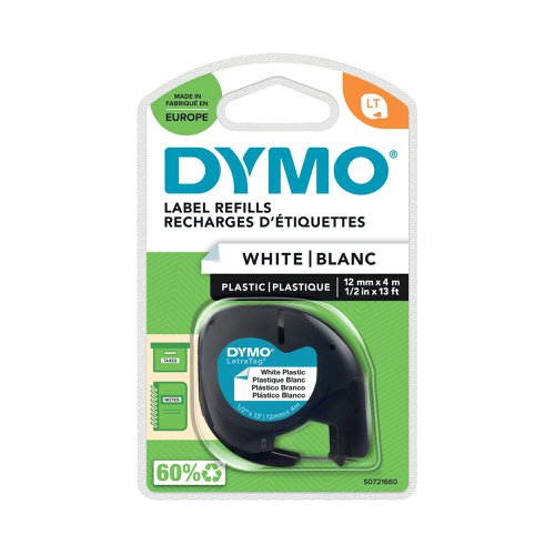 Dymo LetraTag Plastic Tape 12mm x 4m White PRL S0721660