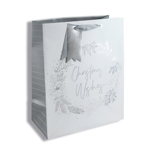 Eurowrap Gift Bag Silver Wreath Design Large (Pack of 12) X-31355-2C