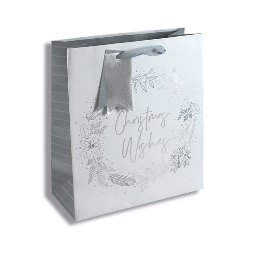 Eurowrap Gift Bag Silver Wreath Design Medium (Pack of 12) X-31355-3C