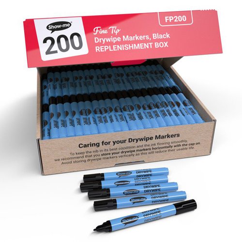 Show-me Drywipe Marker Fine Tip Slim Barrel Black (Pack of 200) FP200