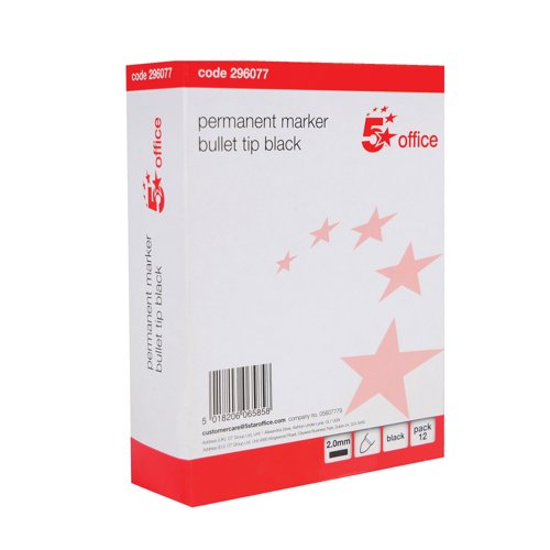 FS296077 5 Star Permanent Marker Bullet Tip Xylene/Toluene-free Smear Proof Black (Pack of 12) 296077