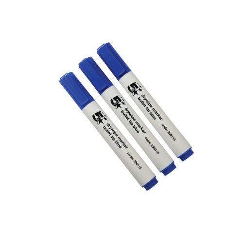 FS296115 5 Star Drywipe Marker Bullet Tip Xylene/Toluene-free 3mm Line Blue (Pack of 12) 296115