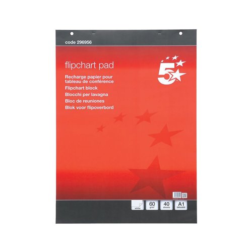 5 Star Office Flipchart Pad 70gsm Plain Perforated Punched 2 Holes 40 Sheets A1 (Pack of 5)