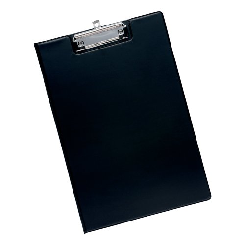 FS320901 | 5 Star Office Fold-over Clipboards are made of PVC over board to provide a durable and flexible option. This black clipboard which can securely hold documents up to foolscap size, has a fold-over front cover to protect documents and on the inside of the front cover featured a pocket for storage of other loose documents. The clipboard also features a pen holder inside on the spine and a pull out metal hole at the top of the board to allow it to be hung on hooks.