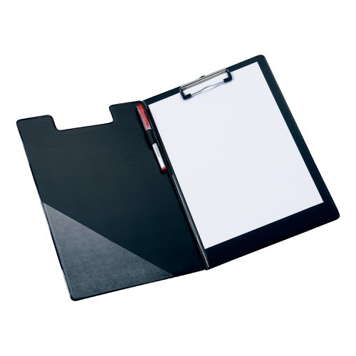 FS320901 | 5 Star Office Fold-over Clipboards are made of PVC over board to provide a durable and flexible option. This black clipboard which can securely hold documents up to foolscap size, has a fold-over front cover to protect documents and on the inside of the front cover featured a pocket for storage of other loose documents. The clipboard also features a pen holder inside on the spine and a pull out metal hole at the top of the board to allow it to be hung on hooks.