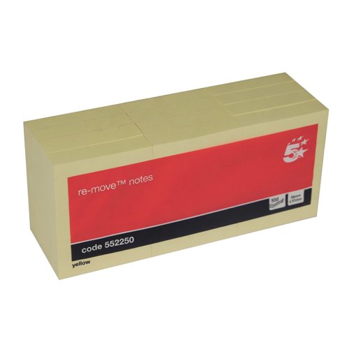 FS552250 5 Star Re-move Sticky Notes Repositionable 38x51mm Yellow (Pack of 12) 552250