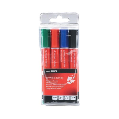 5 Star Office Drywipe Marker Xylene/Toluene-free Bullet Tip 3mm Line Wallet Assorted (Pack of 4)