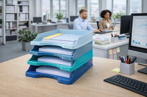 FS676683 | Introducing the 5 Star Set of 4 x Self Stacking Letter Trays. The perfect solution for keeping your magazines, catalogues, and papers organized in style. Designed in cool blues and calming aqua tones that complement the accompanying range of 'Cool Breeze' desk accessories, these Letter Trays add a touch of sophistication to any workspace.