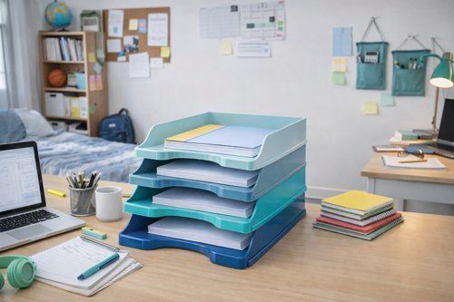 FS676683 | Introducing the 5 Star Set of 4 x Self Stacking Letter Trays. The perfect solution for keeping your magazines, catalogues, and papers organized in style. Designed in cool blues and calming aqua tones that complement the accompanying range of 'Cool Breeze' desk accessories, these Letter Trays add a touch of sophistication to any workspace.