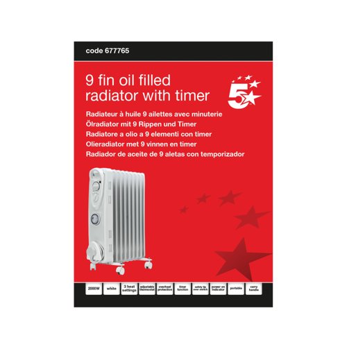 5 Star 9 Fin Oil Filled Radiator 2000W with Timer White FS677765
