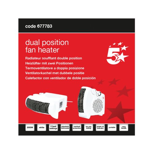 5 Star Dual Position Portable Fan Heater 1000W/2000W White FS677783
