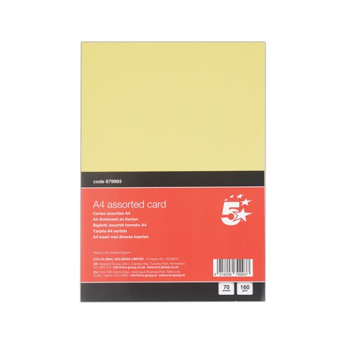 5 Star A4 Assorted Card 160gsm Pack of 70 FS679993