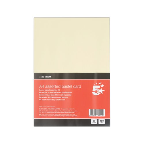 5 Star A4 Pastel Card 160gsm Pack of 50 FS680011