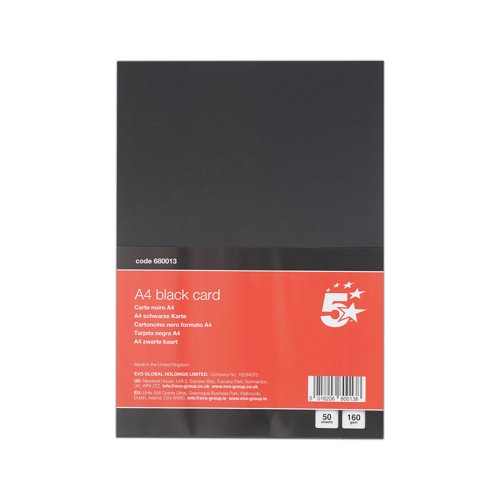 5 Star A4 Black Card 160gsm Pack of 50 FS680013