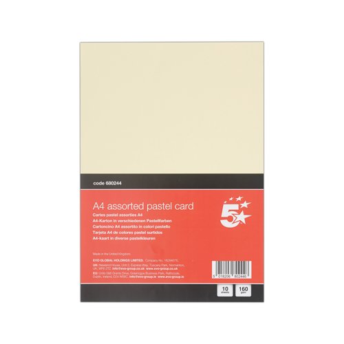 5 Star A4 Pastel Card x10 Cards 120 Cards in Total Pack of 12 FS680244