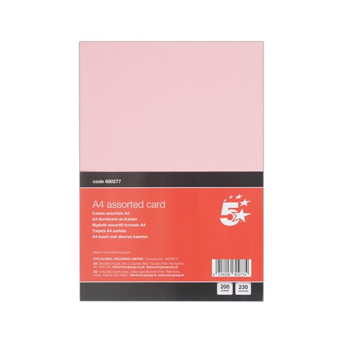 5 Star A4 Assorted Card 230 Micron Pack of 200 FS680277