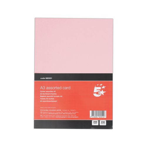 5 Star A3 Assorted Card 230 Micron Pack of 200 FS680301
