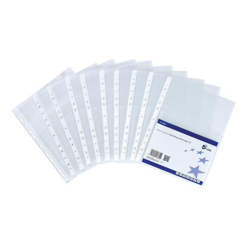 5 Star Elite is a competitive range of office stationery. These A4 expanding pockets with top flap adds extra protection and securely stores your important paperwork. Made of durable 160 micron polypropylene which is copy-safe to protect your written and typed A4 documents, and that allows you to flip pages with ease. As it is transparent, you can use this document pocket to display projects, paperwork, catalogues and magazines at meetings or conferences. Reinforced white multi-punched edge, allowing you to store unpunched documents in a ring binder or lever arch file. This pack contains 10 pockets.