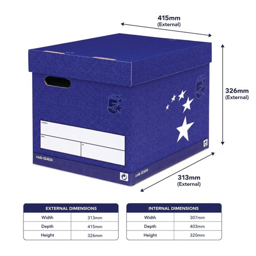 FS924650 5 Star Elite Superstrong Archive Storage Box with Lid 313x415x326mm Blue (Pack of 10) 924650