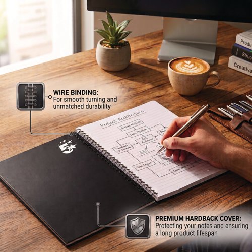 FS930264 5 Star Wirebound Notebook Ruled 80gsm 140 Page A4 Black (Pack of 5) 930264