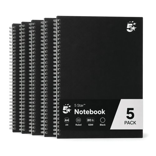 FS930264 5 Star Wirebound Notebook Ruled 80gsm 140 Page A4 Black (Pack of 5) 930264