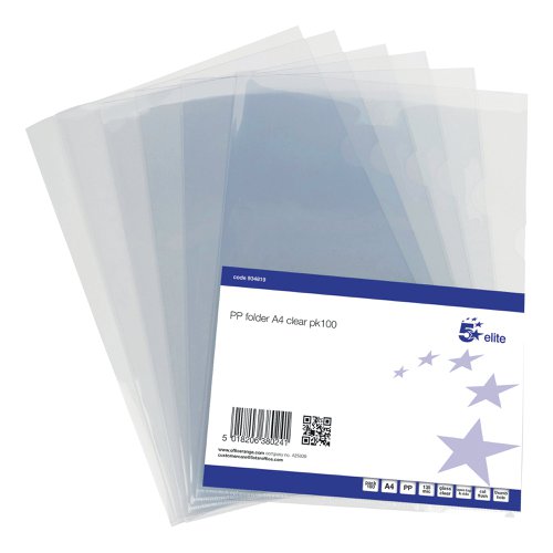 5 Star Elite polypropylene folders are made from 135 micron polypropylene, ensuring that these folders are strong and durable. They are ideal for protecting your presentations, but also providing easy access with top and side opening and the folders come in a range of pack sizes.