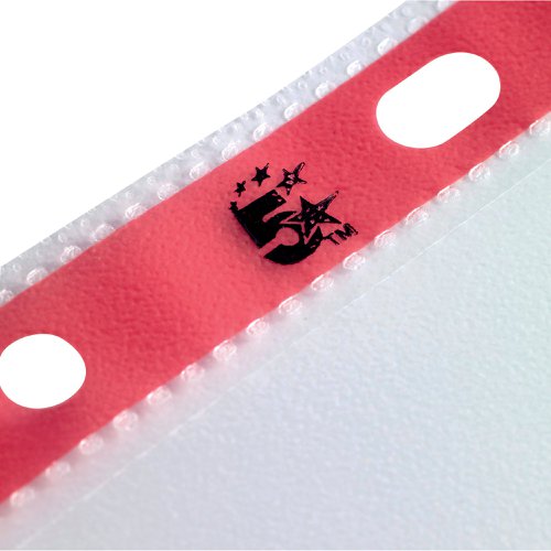 5 Star Office Punched Pocket Polypropylene Reinforced Red Strip Top Opening A4 Clear (Pack of 25)