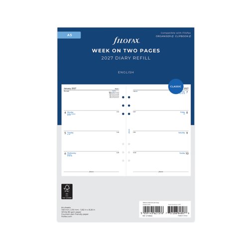 Filofax Refill Week To View A5 White 2027 27-68522