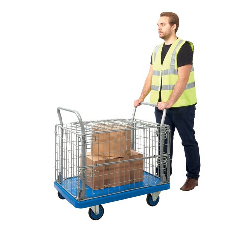 Proplaz Mesh Sided Platform Truck with Hinged Lid and Half Drop Side 300kg Capacity PPU24Y