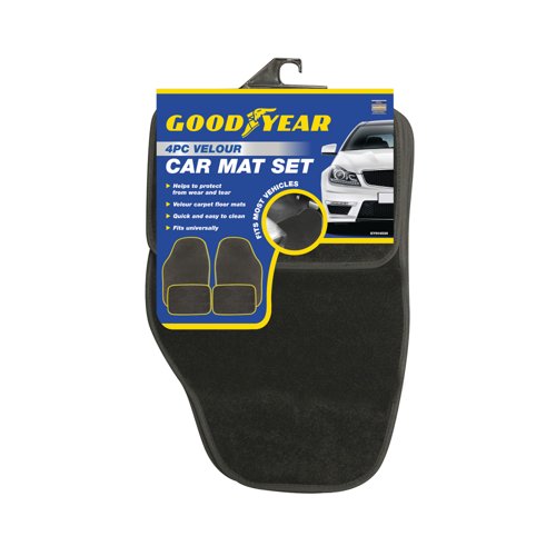 Goodyear 4 Piece Velour Car Mat Set Black 904526