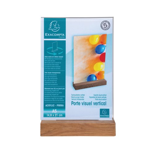 Exacompta Portrait Stand Up Sign Holder A5 with Wood Base 85258D