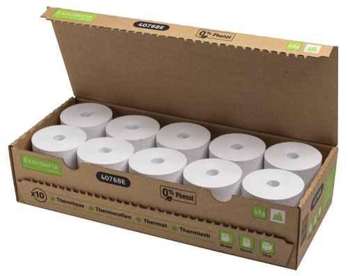 The high-quality till roll from Exacompta measures 80mm x 72mm x 76m and doesn't have a core, making it a zero-plastic product. Complete with a warning strip when running low, these white rolls are supplied in plastic-free, retail friendly packaging, in a pack of 10.