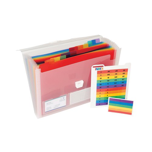 This file provides you with a colourful way to store all of your loose documents, ensuring that they are split into properly organised segments. With different coloured sections it becomes easy to separate all of your work into different areas, meaning that the retrieval of the pertinent information is simple. The product expands to meet your needs, allowing you to store everything that you might need to without any trouble or difficulty. These files fit A4 documents.