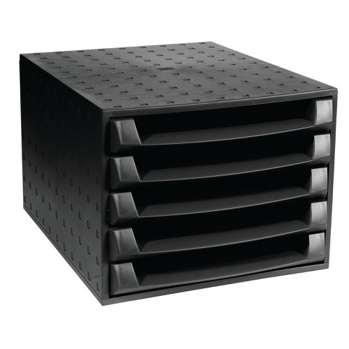 Made from recycled orange juice bottles, this Blue Angel certified 5 drawer set provides a stylish, space saving storage solution for your desktop. Each drawer is 38mm high and can hold documents up to A4+ in size. The drawers have a smooth opening action with stoppers and an open front for easy access. This pack contains one black 5 drawer set measuring W284 x D387 x H218mm.